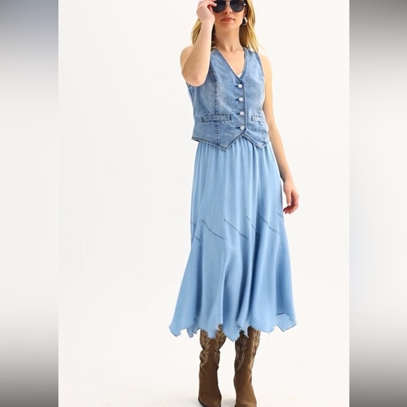 Philosophy Skirt Blue Chambray Sz Med Pull-On Angled A-Line Seamed Rock-A-Billy - Picture 3 of 16